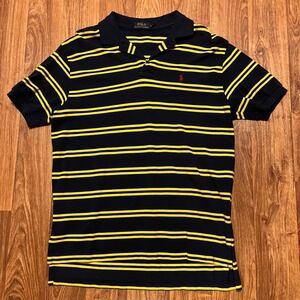 Polo Ralph Lauren Shirt Men Large Navy Yellow‎ Striped Short Sleeve Preppy